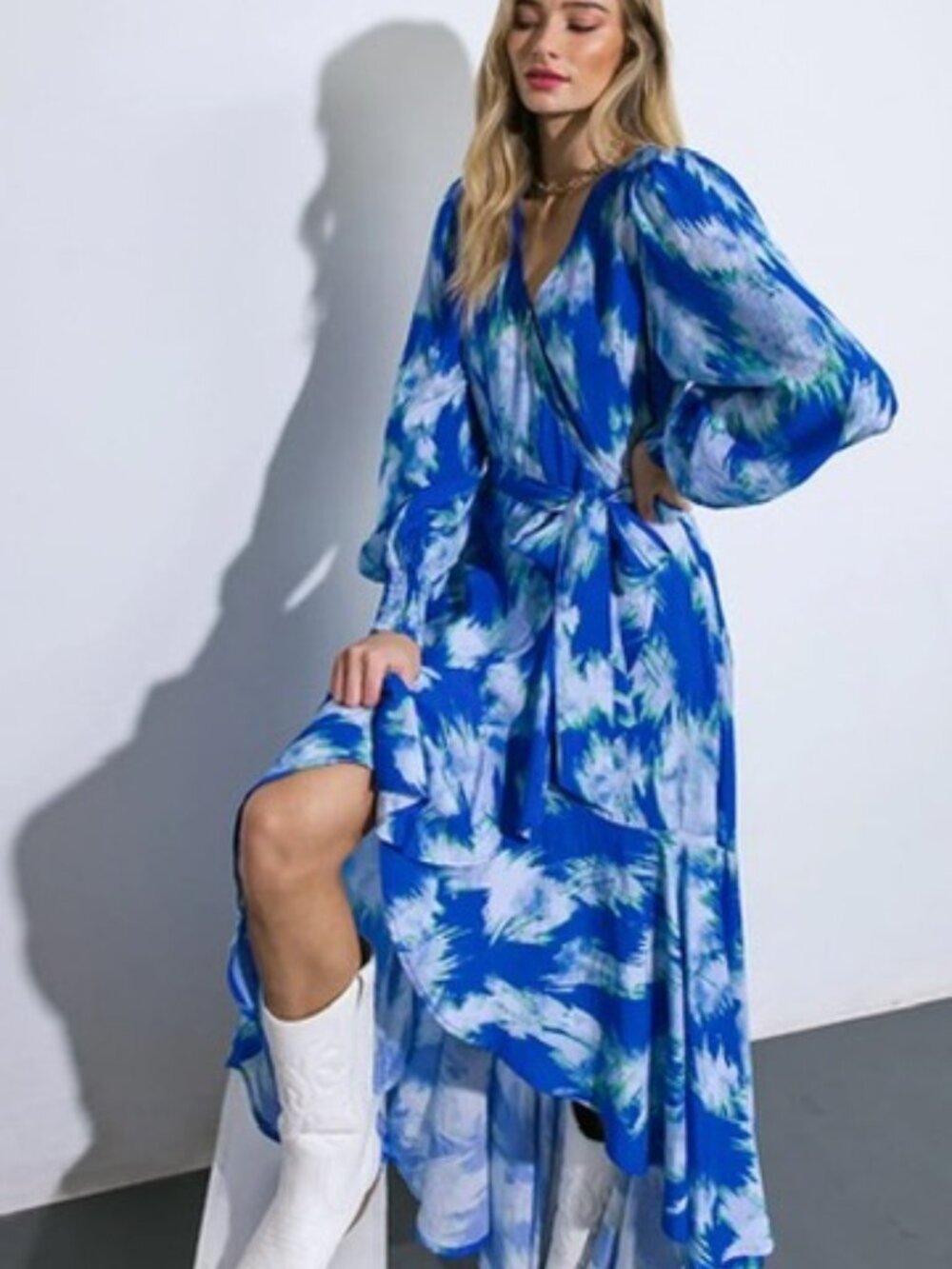 Flying Tomato Long Sleeve Maxi High Low Ruffled Hemline Wrap Dress Size M